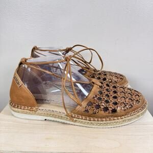 PIKOLINOS Cadamunt Brandy Leather Ankle Wrap Espadrille Size 39/8.5 Boho